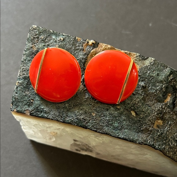 Chic Vintage Red and Gold Statement Button Earrings, For Pierces Ears - Picture 2 of 8